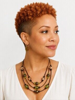 Coldwater Creek Triple Strand Olive & Bronze Beaded Necklace